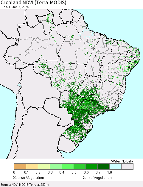 Brazil Cropland NDVI (Terra-MODIS) Thematic Map For 1/1/2024 - 1/8/2024