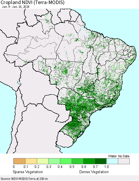 Brazil Cropland NDVI (Terra-MODIS) Thematic Map For 1/9/2024 - 1/16/2024