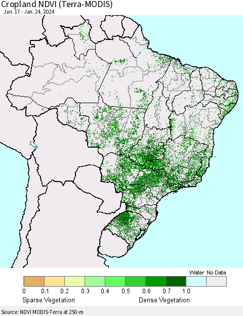 Brazil Cropland NDVI (Terra-MODIS) Thematic Map For 1/17/2024 - 1/24/2024