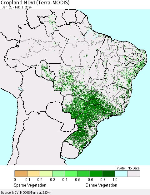 Brazil Cropland NDVI (Terra-MODIS) Thematic Map For 1/25/2024 - 2/1/2024