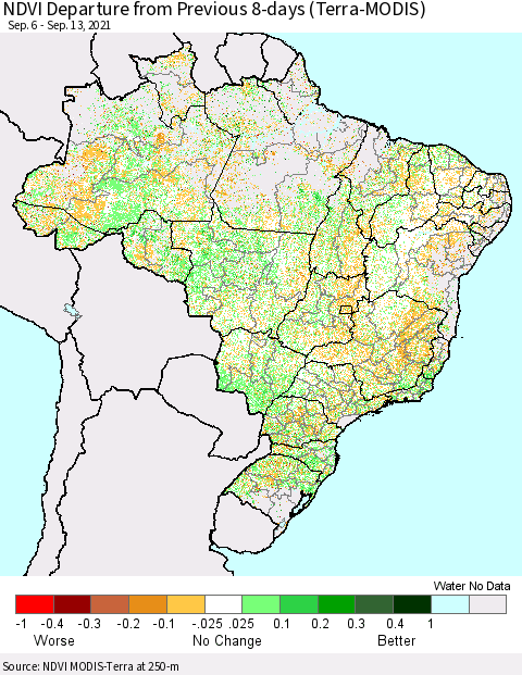 Brazil NDVI Departure from Previous 8-days (Terra-MODIS) Thematic Map For 9/6/2021 - 9/13/2021