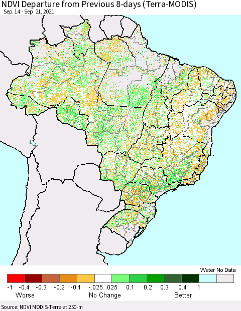 Brazil NDVI Departure from Previous 8-days (Terra-MODIS) Thematic Map For 9/14/2021 - 9/21/2021