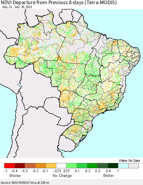 Brazil NDVI Departure from Previous 8-days (Terra-MODIS) Thematic Map For 9/22/2021 - 9/29/2021