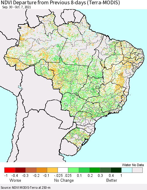 Brazil NDVI Departure from Previous 8-days (Terra-MODIS) Thematic Map For 9/30/2021 - 10/7/2021