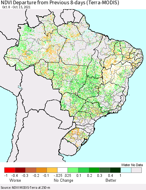 Brazil NDVI Departure from Previous 8-days (Terra-MODIS) Thematic Map For 10/8/2021 - 10/15/2021