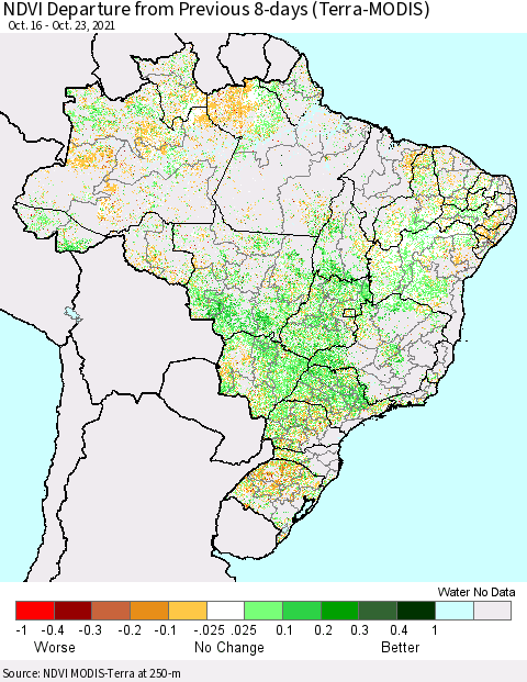 Brazil NDVI Departure from Previous 8-days (Terra-MODIS) Thematic Map For 10/16/2021 - 10/23/2021