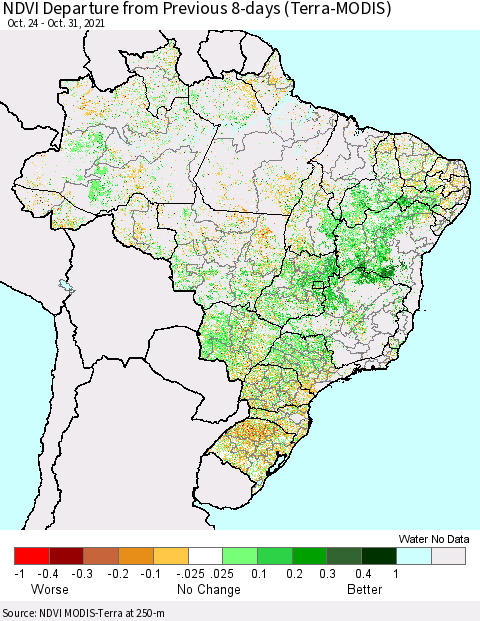 Brazil NDVI Departure from Previous 8-days (Terra-MODIS) Thematic Map For 10/24/2021 - 10/31/2021
