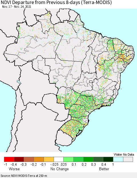 Brazil NDVI Departure from Previous 8-days (Terra-MODIS) Thematic Map For 11/17/2021 - 11/24/2021