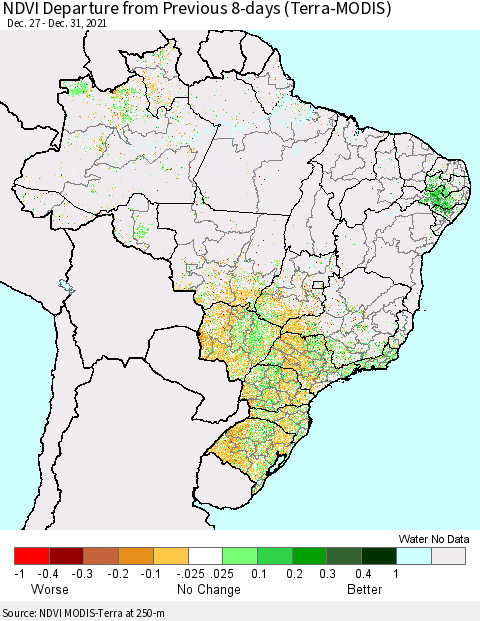 Brazil NDVI Departure from Previous 8-days (Terra-MODIS) Thematic Map For 12/26/2021 - 1/2/2022