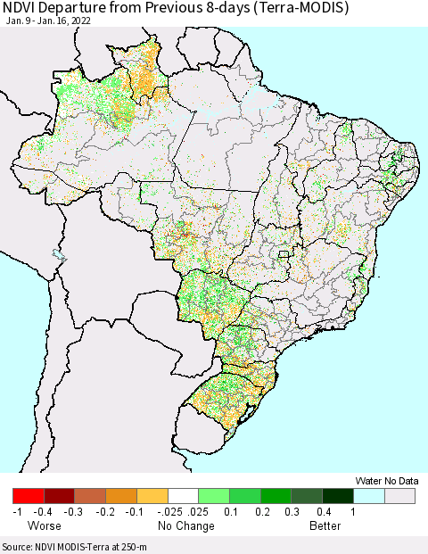 Brazil NDVI Departure from Previous 8-days (Terra-MODIS) Thematic Map For 1/9/2022 - 1/16/2022