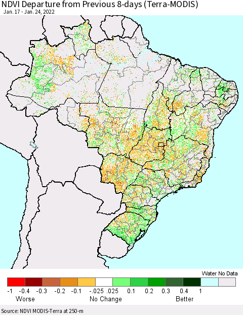 Brazil NDVI Departure from Previous 8-days (Terra-MODIS) Thematic Map For 1/17/2022 - 1/24/2022