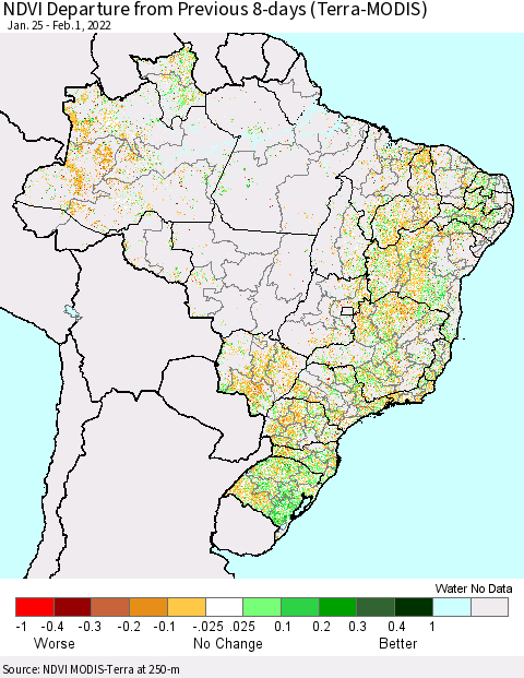 Brazil NDVI Departure from Previous 8-days (Terra-MODIS) Thematic Map For 1/25/2022 - 2/1/2022