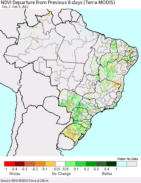 Brazil NDVI Departure from Previous 8-days (Terra-MODIS) Thematic Map For 2/2/2022 - 2/9/2022