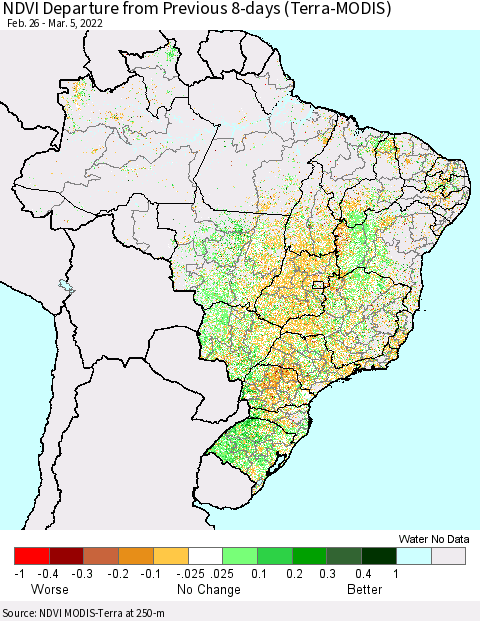 Brazil NDVI Departure from Previous 8-days (Terra-MODIS) Thematic Map For 2/26/2022 - 3/5/2022