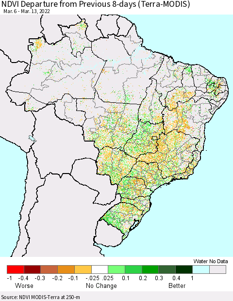Brazil NDVI Departure from Previous 8-days (Terra-MODIS) Thematic Map For 3/6/2022 - 3/13/2022