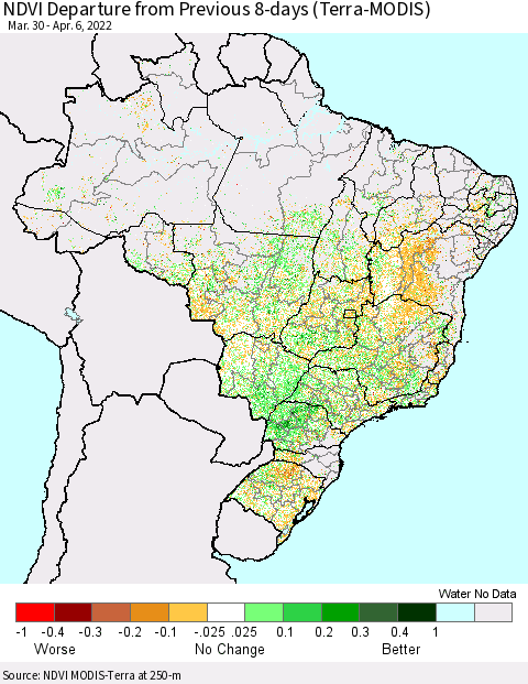 Brazil NDVI Departure from Previous 8-days (Terra-MODIS) Thematic Map For 3/30/2022 - 4/6/2022