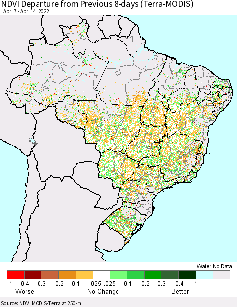Brazil NDVI Departure from Previous 8-days (Terra-MODIS) Thematic Map For 4/7/2022 - 4/14/2022