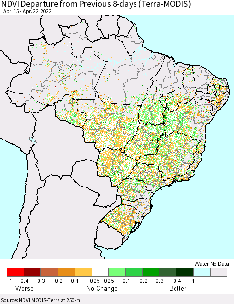 Brazil NDVI Departure from Previous 8-days (Terra-MODIS) Thematic Map For 4/15/2022 - 4/22/2022