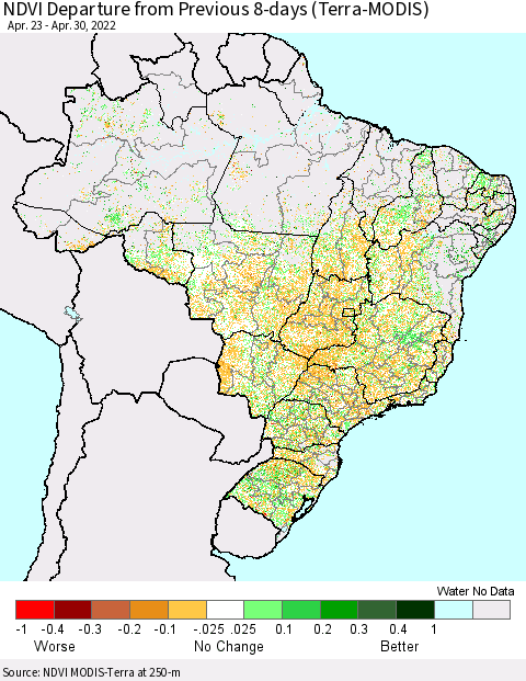 Brazil NDVI Departure from Previous 8-days (Terra-MODIS) Thematic Map For 4/23/2022 - 4/30/2022