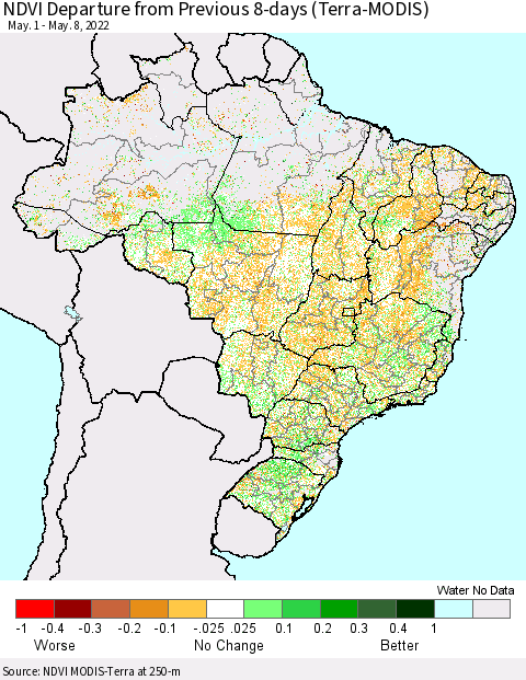 Brazil NDVI Departure from Previous 8-days (Terra-MODIS) Thematic Map For 5/1/2022 - 5/8/2022