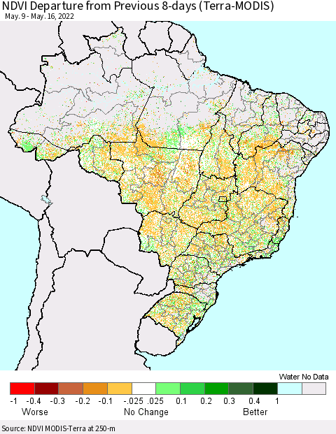 Brazil NDVI Departure from Previous 8-days (Terra-MODIS) Thematic Map For 5/9/2022 - 5/16/2022