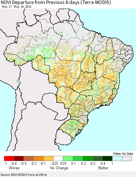 Brazil NDVI Departure from Previous 8-days (Terra-MODIS) Thematic Map For 5/17/2022 - 5/24/2022