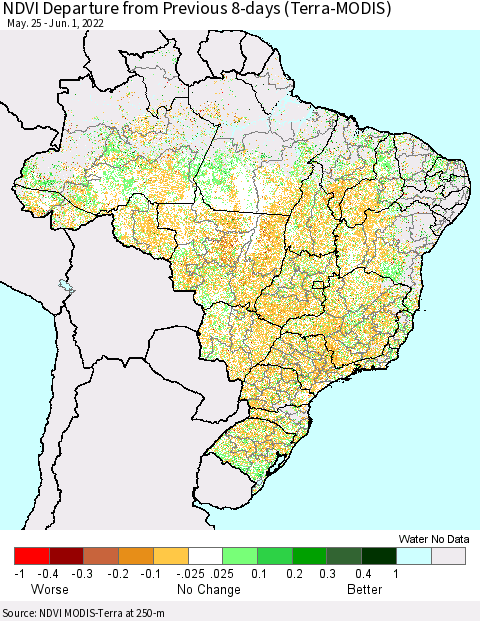 Brazil NDVI Departure from Previous 8-days (Terra-MODIS) Thematic Map For 5/25/2022 - 6/1/2022