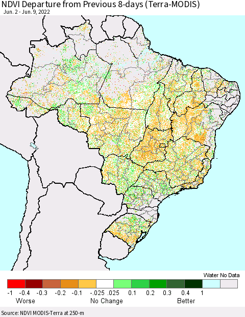 Brazil NDVI Departure from Previous 8-days (Terra-MODIS) Thematic Map For 6/2/2022 - 6/9/2022