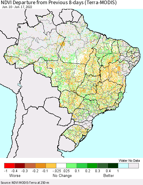 Brazil NDVI Departure from Previous 8-days (Terra-MODIS) Thematic Map For 6/10/2022 - 6/17/2022