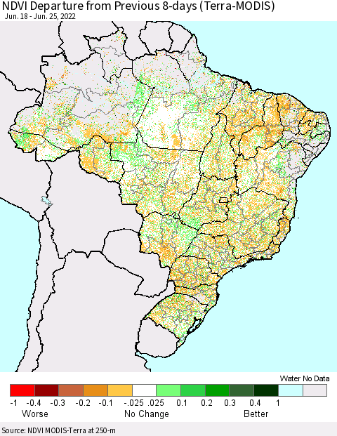 Brazil NDVI Departure from Previous 8-days (Terra-MODIS) Thematic Map For 6/18/2022 - 6/25/2022
