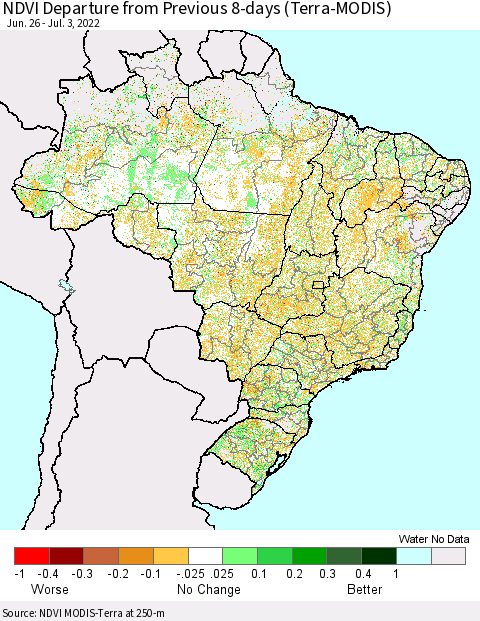 Brazil NDVI Departure from Previous 8-days (Terra-MODIS) Thematic Map For 6/26/2022 - 7/3/2022
