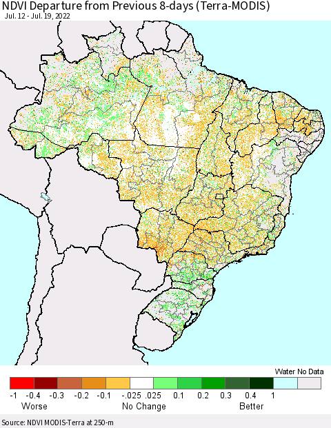 Brazil NDVI Departure from Previous 8-days (Terra-MODIS) Thematic Map For 7/12/2022 - 7/19/2022