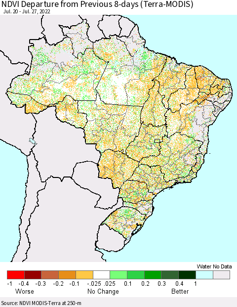 Brazil NDVI Departure from Previous 8-days (Terra-MODIS) Thematic Map For 7/20/2022 - 7/27/2022