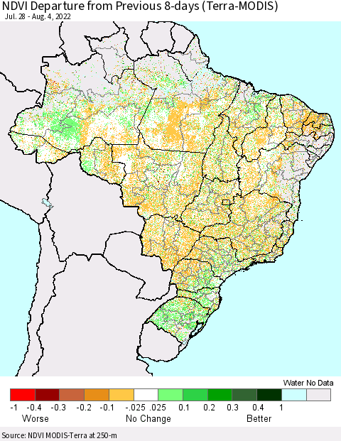 Brazil NDVI Departure from Previous 8-days (Terra-MODIS) Thematic Map For 7/28/2022 - 8/4/2022