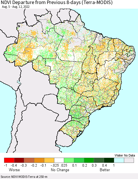 Brazil NDVI Departure from Previous 8-days (Terra-MODIS) Thematic Map For 8/5/2022 - 8/12/2022