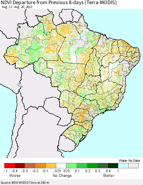 Brazil NDVI Departure from Previous 8-days (Terra-MODIS) Thematic Map For 8/13/2022 - 8/20/2022