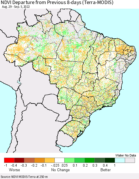 Brazil NDVI Departure from Previous 8-days (Terra-MODIS) Thematic Map For 8/29/2022 - 9/5/2022