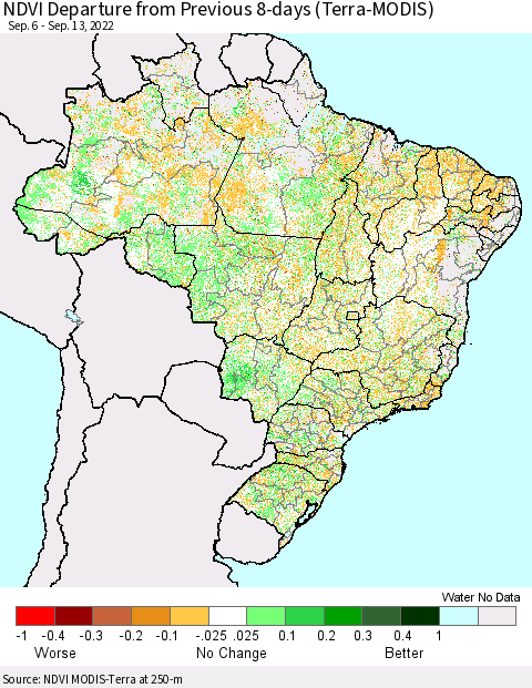 Brazil NDVI Departure from Previous 8-days (Terra-MODIS) Thematic Map For 9/6/2022 - 9/13/2022