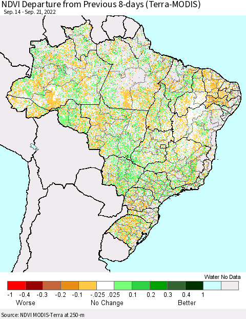 Brazil NDVI Departure from Previous 8-days (Terra-MODIS) Thematic Map For 9/14/2022 - 9/21/2022