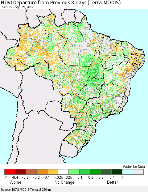 Brazil NDVI Departure from Previous 8-days (Terra-MODIS) Thematic Map For 9/22/2022 - 9/29/2022