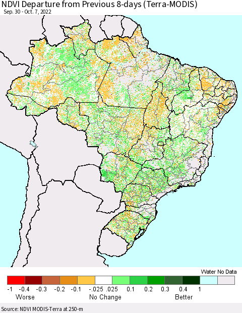 Brazil NDVI Departure from Previous 8-days (Terra-MODIS) Thematic Map For 9/30/2022 - 10/7/2022