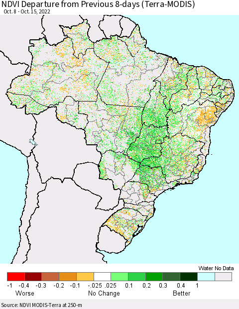 Brazil NDVI Departure from Previous 8-days (Terra-MODIS) Thematic Map For 10/8/2022 - 10/15/2022