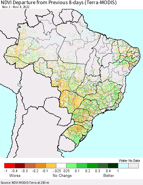 Brazil NDVI Departure from Previous 8-days (Terra-MODIS) Thematic Map For 11/1/2022 - 11/8/2022