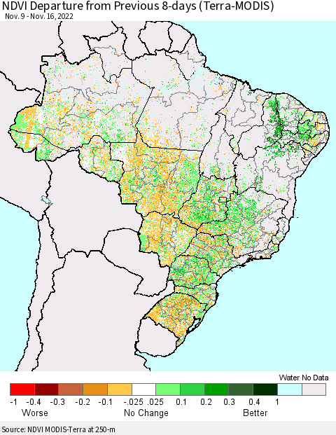 Brazil NDVI Departure from Previous 8-days (Terra-MODIS) Thematic Map For 11/9/2022 - 11/16/2022