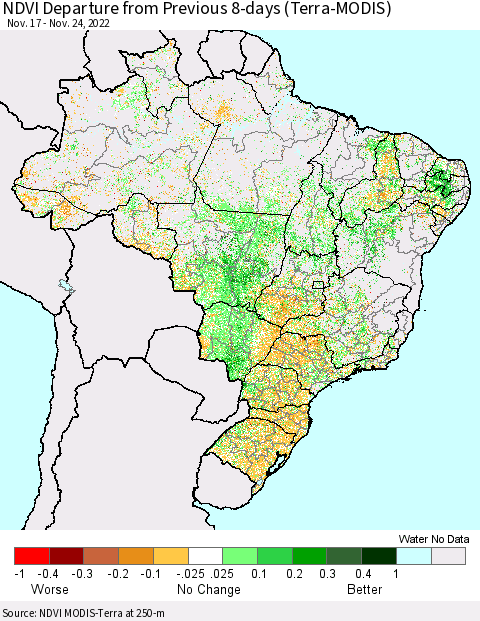 Brazil NDVI Departure from Previous 8-days (Terra-MODIS) Thematic Map For 11/17/2022 - 11/24/2022