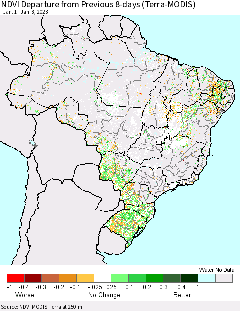 Brazil NDVI Departure from Previous 8-days (Terra-MODIS) Thematic Map For 1/1/2023 - 1/8/2023
