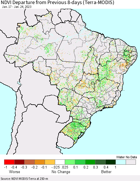 Brazil NDVI Departure from Previous 8-days (Terra-MODIS) Thematic Map For 1/17/2023 - 1/24/2023