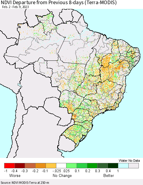 Brazil NDVI Departure from Previous 8-days (Terra-MODIS) Thematic Map For 2/2/2023 - 2/9/2023