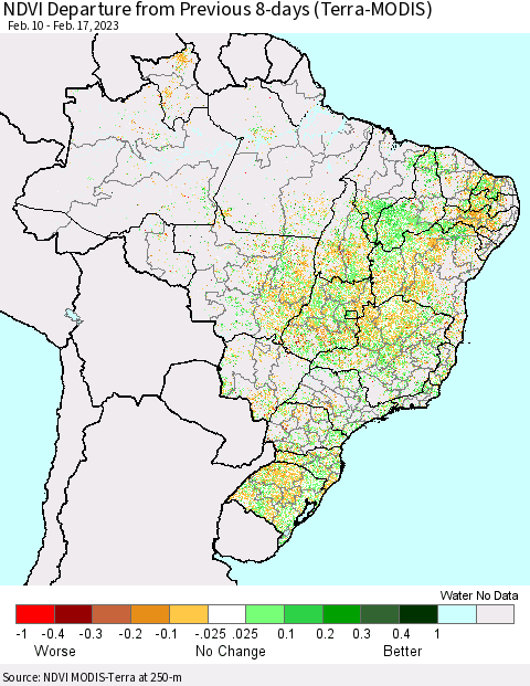 Brazil NDVI Departure from Previous 8-days (Terra-MODIS) Thematic Map For 2/10/2023 - 2/17/2023