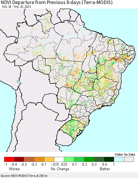 Brazil NDVI Departure from Previous 8-days (Terra-MODIS) Thematic Map For 2/18/2023 - 2/25/2023